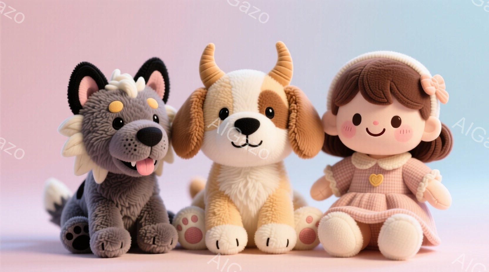 ぬいぐるみのような3匹の動物が並んでいます。左は灰色の狼、中央は茶色と白の犬、右は茶色の髪を結んだ女の子で、それぞれ愛らしい表情をしています。背景は淡いピンクと水色のグラデーションで、柔らかく温かい雰囲気を醸し出しています。