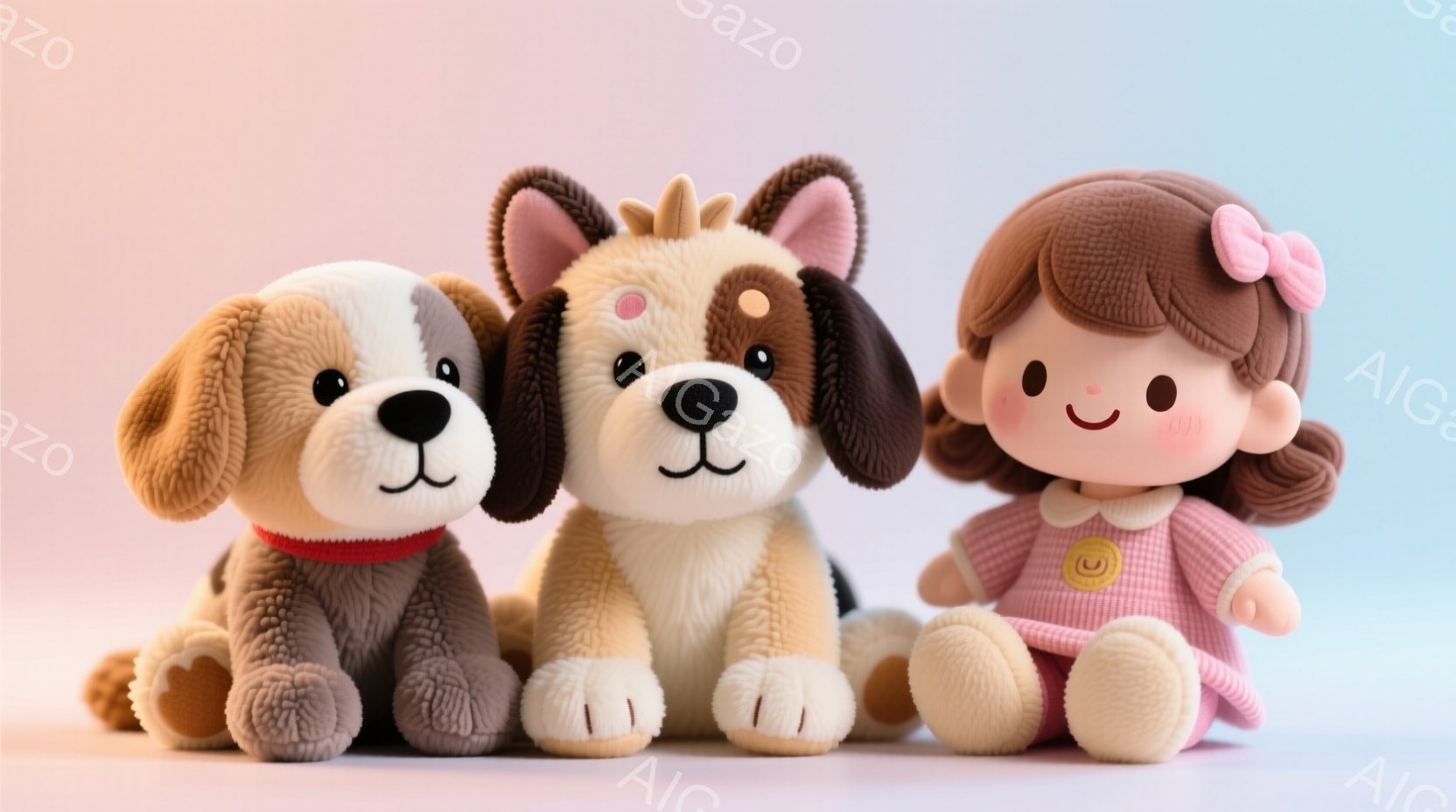 ぬいぐるみのような犬2匹と少女が並んで座っています。少女はピンク色のワンピースを着ており、茶色の髪にはピンクのリボンが付いています。背景は淡いピンクと水色のグラデーションで、全体的に柔らかく可愛らしい雰囲気です。