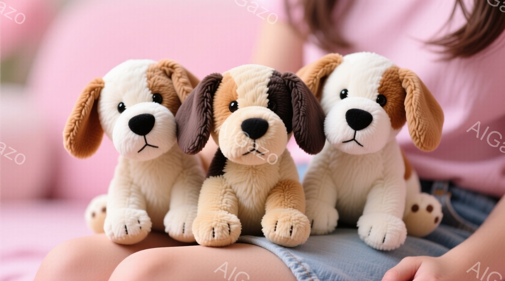 膝の上に3匹のふわふわした犬のぬいぐるみがあります。ぬいぐるみは茶色と白の毛並みで、愛らしい表情をしています。背景はピンク色の柔らかい素材で、温かく心地よい雰囲気です。