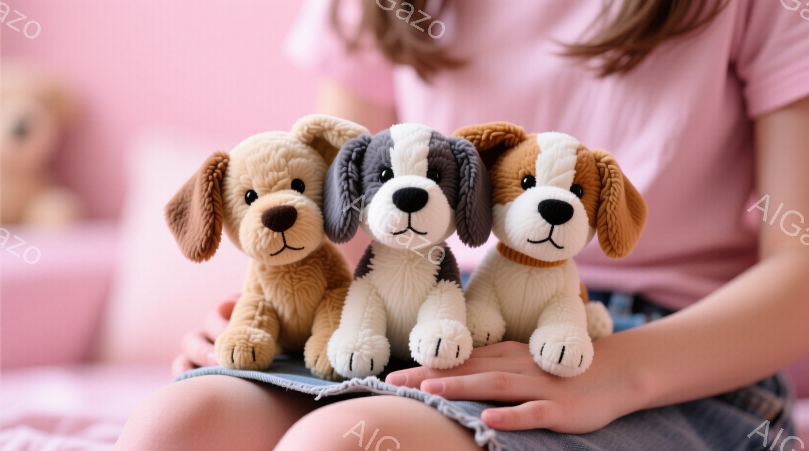 膝の上に三匹のふわふわした犬のぬいぐるみがあります。ピンク色の背景と、デニムのスカートをはいた少女の膝が写っており、暖かく優しい雰囲気を醸し出しています。ぬいぐるみは茶色、白黒、そして茶色と白の毛並みで、愛らしい表情をしています。