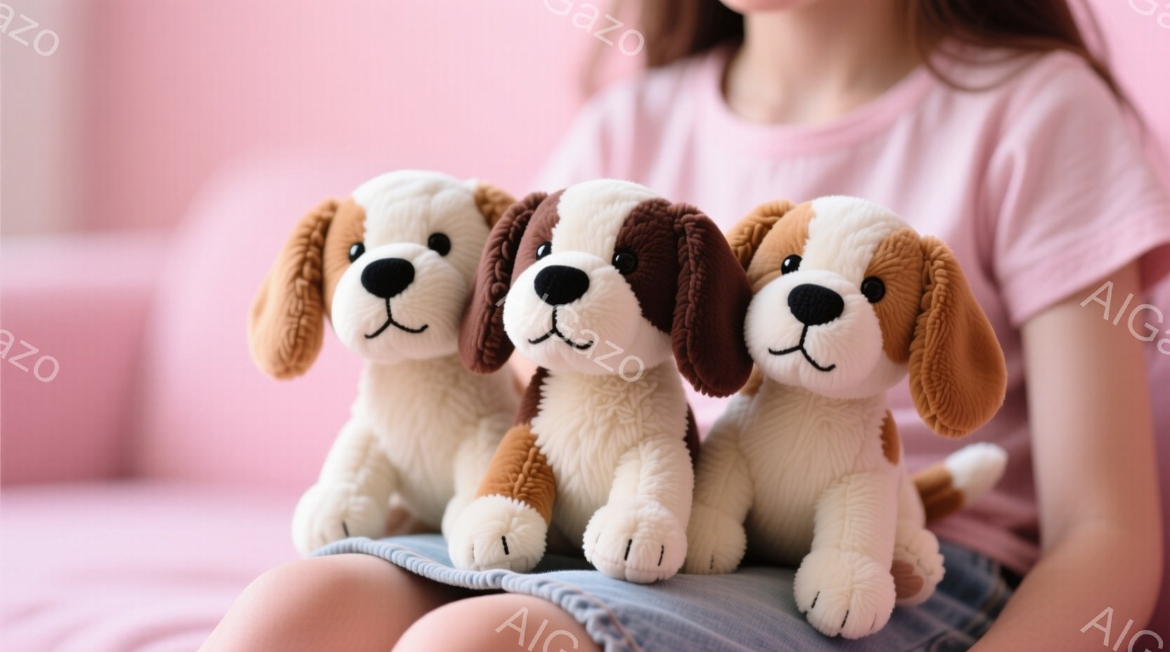 ピンク色の背景に、女の子が膝の上に3匹のぬいぐるみ犬を並べて座っています。女の子は薄いピンク色のTシャツとデニムのスカートを着ており、髪は長く、明るい色合いです。ぬいぐるみ犬は茶色と白の毛並みで、愛ら - AI生成フリー素材