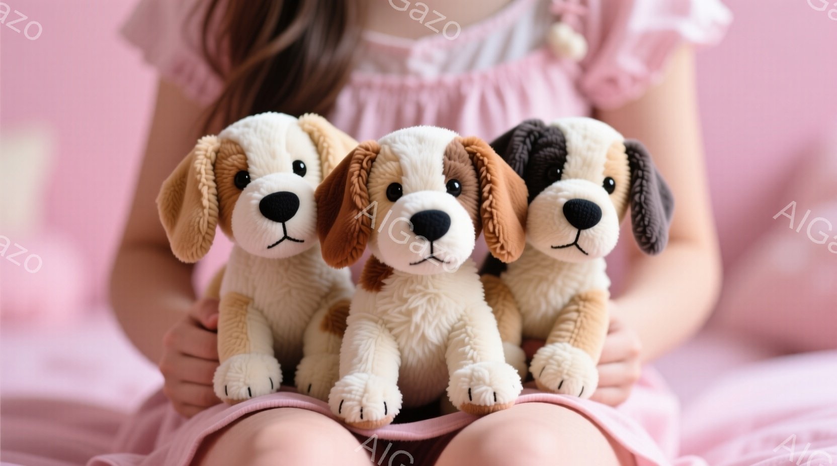 ピンク色のフリルのついたドレスを着た幼い女の子が、三匹のふわふわした犬のぬいぐるみを抱えています。ぬいぐるみはそれぞれ異なる色の毛並みで、愛らしい表情をしています。背景はぼかれていますが、ピンク色の布とわずかな光が見え、全体的に暖かく優しい雰囲気が漂っています。