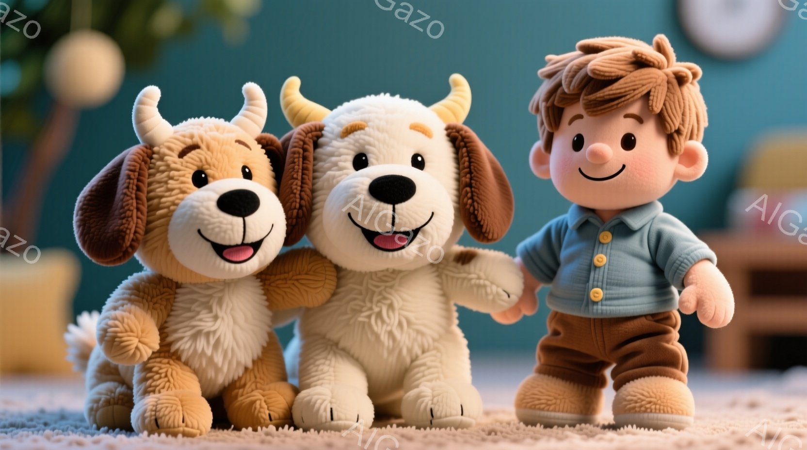 ぬいぐるみのような少年と2匹の犬が寄り添って立っています。少年は水色のシャツに茶色のズボンを履き、明るい笑顔を浮かべています。背景は暖色系の部屋で、緑色の植物が見え、全体的に温かく、親しみやすい雰囲気です。