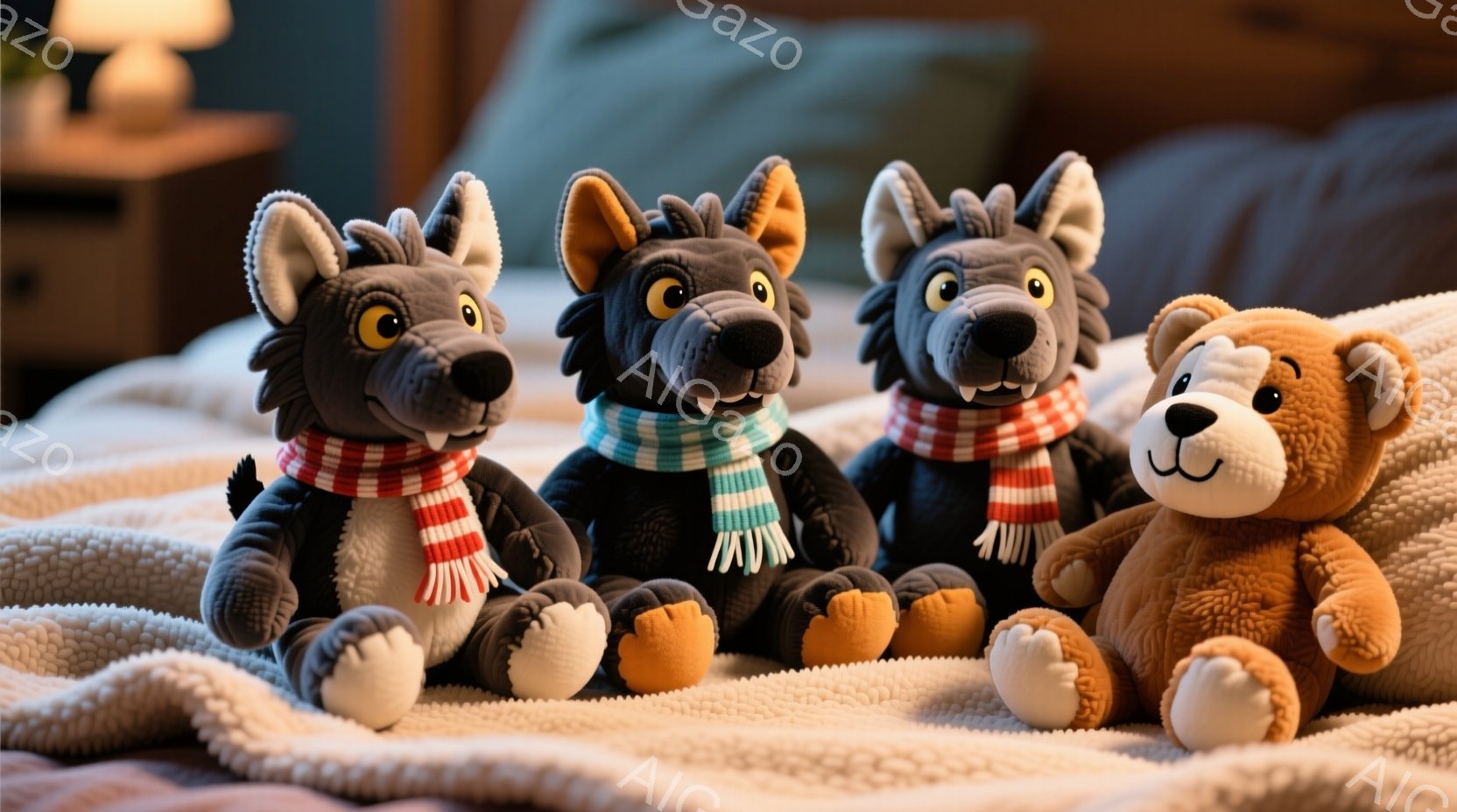 柔らかいベッドの上に、黒い狼のぬいぐるみ３匹と茶色のクマのぬいぐるみが座っています。狼たちはそれぞれ赤い縞模様、水色の縞模様、赤い縞模様の首巻を巻いており、穏やかな表情をしています。背景にはぼやけた家具が見え、全体的に暖かく、居心地の良い雰囲気が漂っています。