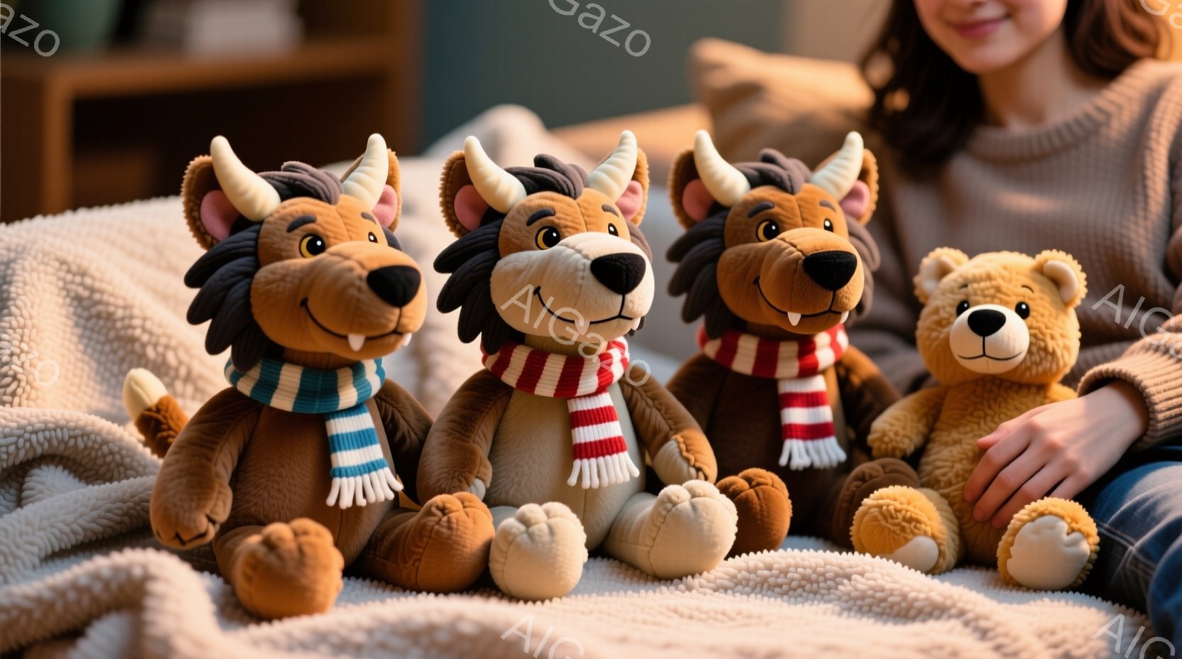 ぬいぐるみたちが白い毛布の上に座っており、それぞれ異なる色のストールを巻いています。左から茶色の狼のぬいぐるみ、さらに左にもう一つの茶色の狼のぬいぐるみ、そしてベージュのクマのぬいぐるみがあります。背景はぼやけていますが、室内でリラックスした雰囲気の様子が伺えます。
