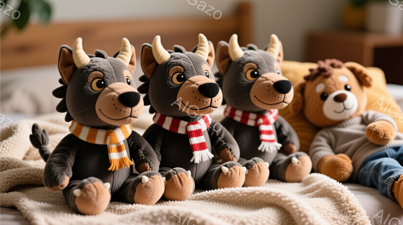 柔らかいクリーム色の毛布の上に、3匹の黒いぬいぐるみと1匹の茶色のクマのぬいぐるみが座っています。黒いぬいぐるみはそれぞれオレンジ色と赤色のスカーフを巻いており、愛らしい表情をしています。背景にはぼやけた家具が見え、全体的に暖かく心地よい雰囲気が漂っています。