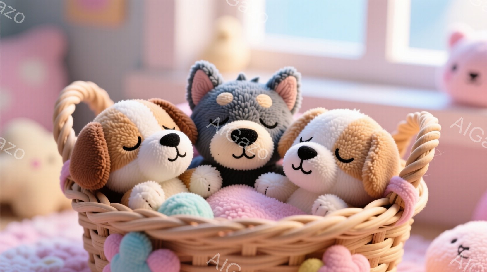 籐で編まれたバスケットの中に、ふわふわの犬のぬいぐるみ３匹が寄り添って眠っています。ピンク、水色、薄紫色の毛糸玉がぬいぐるみと一緒にバスケットの中に敷き詰められており、背景にはぼやけたピンク色のぬいぐるみと窓が見えます。全体的に暖かく、心地よい雰囲気で、赤ちゃんや子供部屋の装飾に最適です。