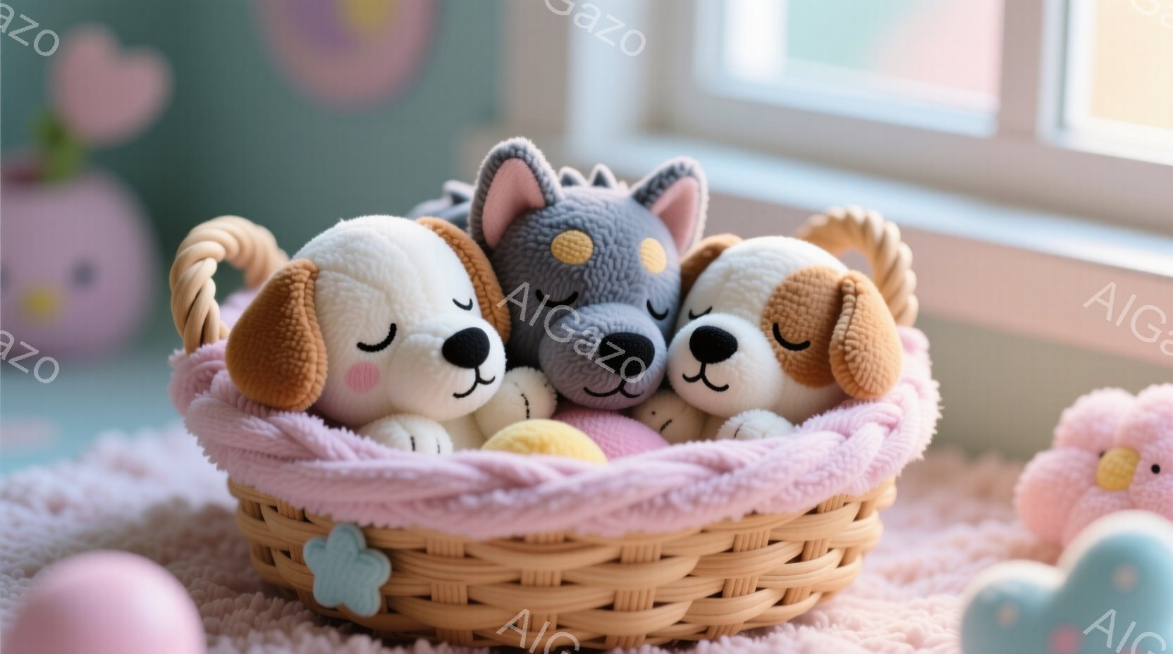 籠の中に三匹の犬のぬいぐるみが入っており、それぞれが目を閉じて眠っている様子が描かれています。ピンク色の柔らかい布が籠の内側に敷かれ、ぬいぐるみたちはその上に寄り添うように配置されています。背景にはパステルカラーの装飾や窓が見え、全体的に暖かく、可愛らしい雰囲気が漂っています。