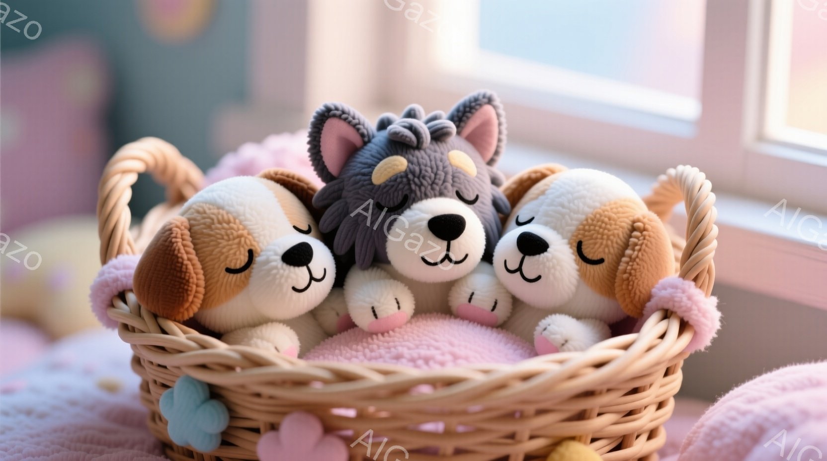 籠の中に、愛らしい子犬のぬいぐるみが寄り添って眠っています。茶色と白、黒と灰色の毛並みで、それぞれ小さなピンク色のリボンをつけており、とても優しい雰囲気です。背景はぼやけており、淡いピンク色の布と窓からの光が差し込み、暖かく穏やかな印象を与えます。