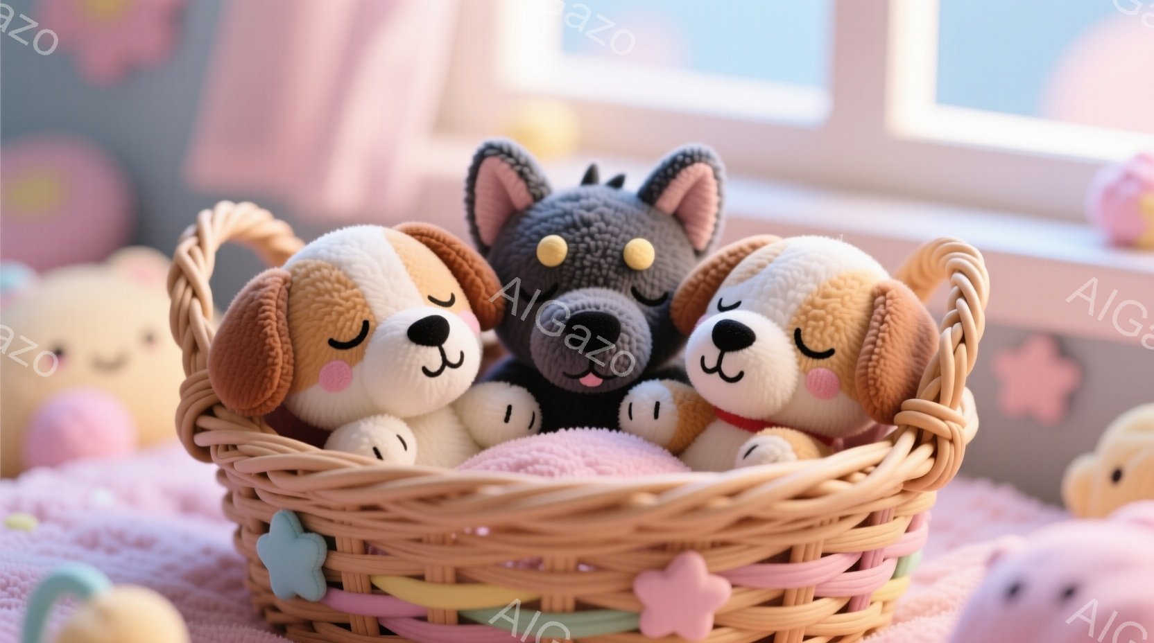 浅い籐のバスケットの中に、三匹の可愛らしい犬のぬいぐるみが寄り添って入っています。茶色の毛並みで耳が垂れたぬいぐるみ二匹と、黒くてふわふわしたぬいぐるみ一匹が、穏やかな表情で眠っているように見えます。背景にはピンク色のふわふわした雲のようなものが散りばめられており、全体的に暖かく、夢のような雰囲気が漂っています。