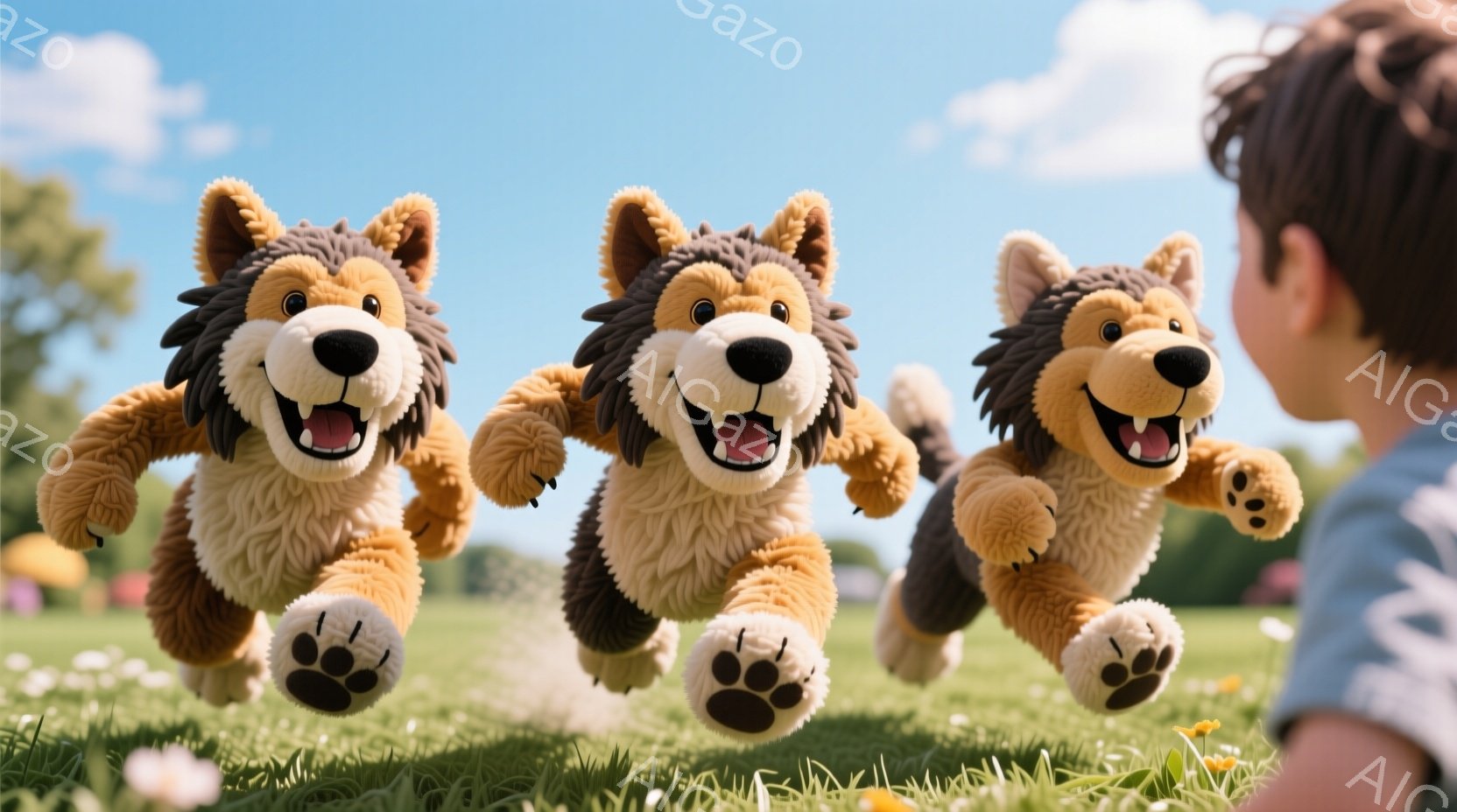 緑の草原を、3匹の茶色いライオンの人形が走っている様子が写っている。人形は笑顔で、前足を伸ばして活発に走り、背景には青空と白い雲が広がり、暖かい日差しを感じさせる。画面の右端には、赤またはオレンジ色のシャツを着た子供の肩と頭の一部が見え、人形たちに向かっているように見える。