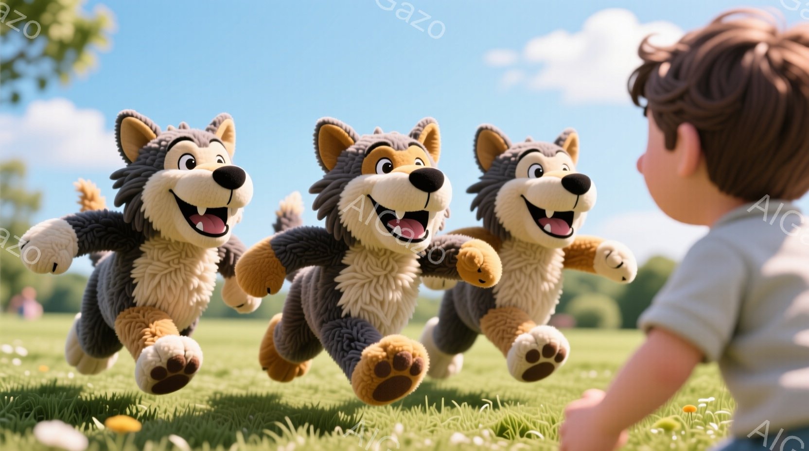 明るい緑の芝生の上を、3匹の愛らしい狼のキャラクターが駆けている。それぞれの狼は笑顔で、前足を高く上げて、楽しそうに走り回っている。背景には木々が生い茂り、空は晴れていて、暖かい春の日のような陽気な雰 - AI生成フリー素材