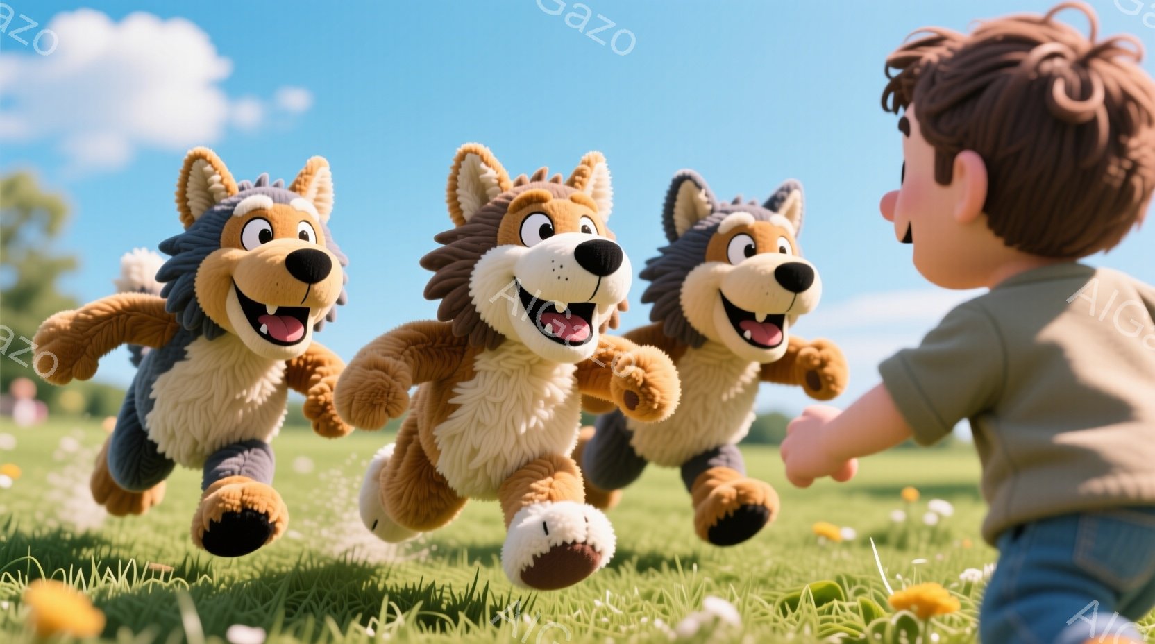 草原を駆け抜ける３匹の犬と、彼らを追いかける少年が描かれています。少年は短い茶色の髪をしており、青い短パンと緑色のシャツを着ています。背景には緑豊かな草原と、晴れた空が広がっており、全体的に明るく、活気のある雰囲気です。