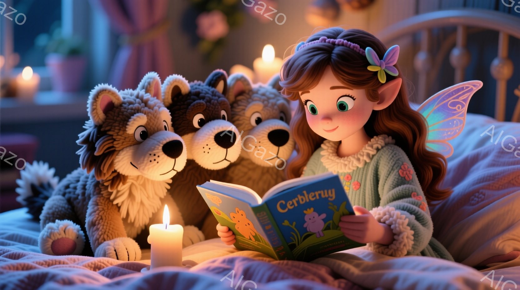 明るいピンク色のベッドに、本を読んで微笑む茶色の髪の少女が描かれています。彼女は緑のセーターを着ており、羽が背中にあり、妖精のような外見です。周りには可愛らしいテディベアが２体おり、本を読む少女と温か - AI生成フリー素材