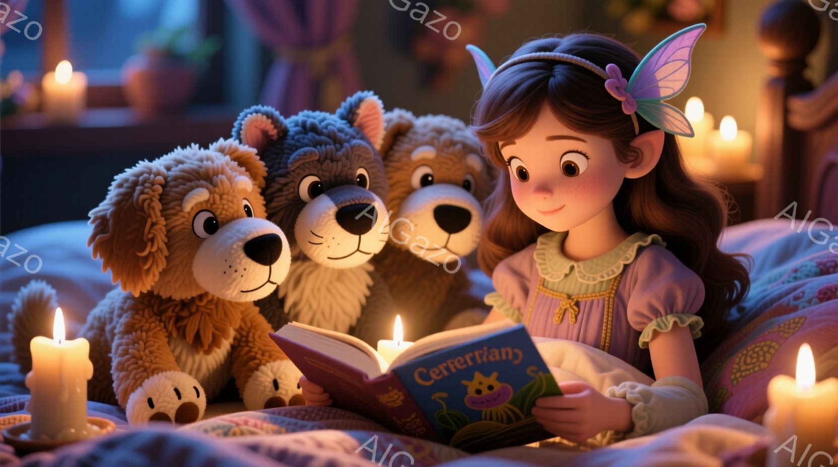 明るい髪を三つ編みにし、パステルカラーのワンピースを着た少女が、二匹のテディベアに囲まれて本を読んでいます。ろうそくの光が温かく彼女とクマたちを照らし、柔らかいピンクと白のベッドシーツに包まれています。全体的に、安らかで幻想的な雰囲気が漂い、親しみやすいおとぎ話の一場面を思わせます。
