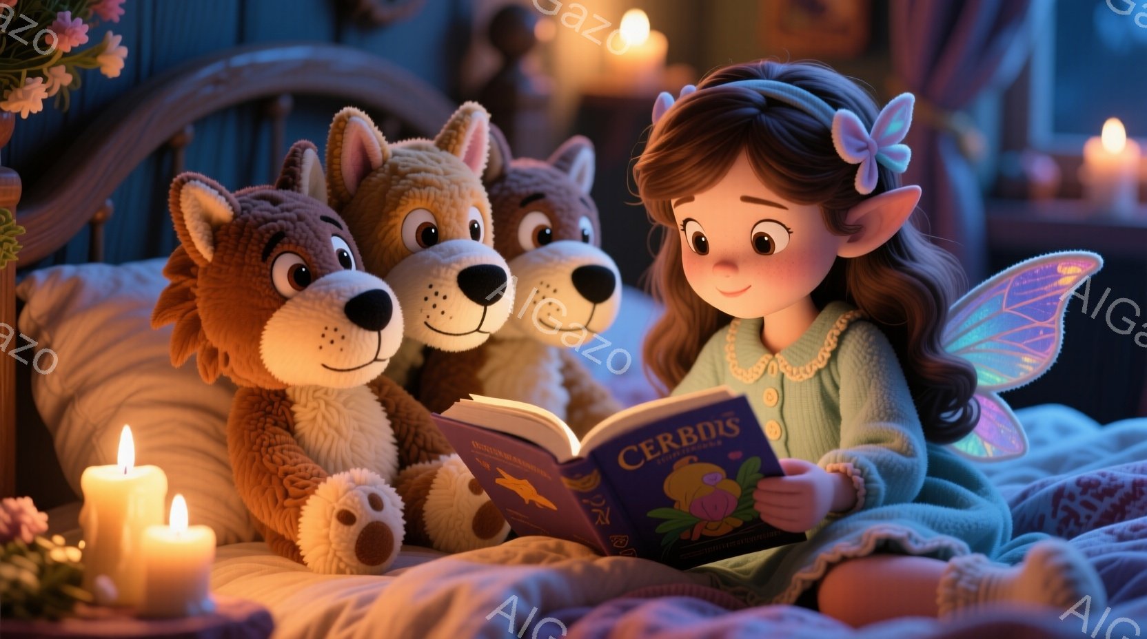 少女はベッドに寄りかかり、2匹の毛むくじゃらの狼のぬいぐるみと一緒に本を読んでいます。彼女は紫色のリボンで結んだ茶色の髪をしており、緑色のセーターと白い襟が印象的です。背景には点在するキャンドルと、ぼんやりとした花が咲き乱れる風景が見え、暖かく幻想的な雰囲気が漂っています。