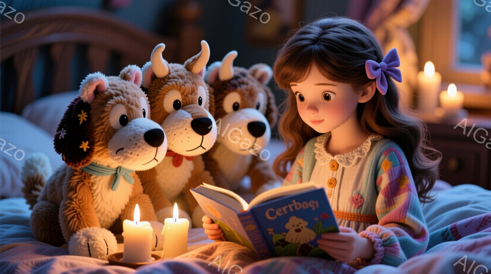 金髪の少女がベッドに座り、膝の上に置いた本を熱心に読んでいる。彼女はピンクの蝶の形の髪飾りをつけ、パッチワーク風の暖かいセーターを着ており、穏やかな表情をしている。ベッドの周りには、毛並みの良い３匹の - AI生成フリー素材
