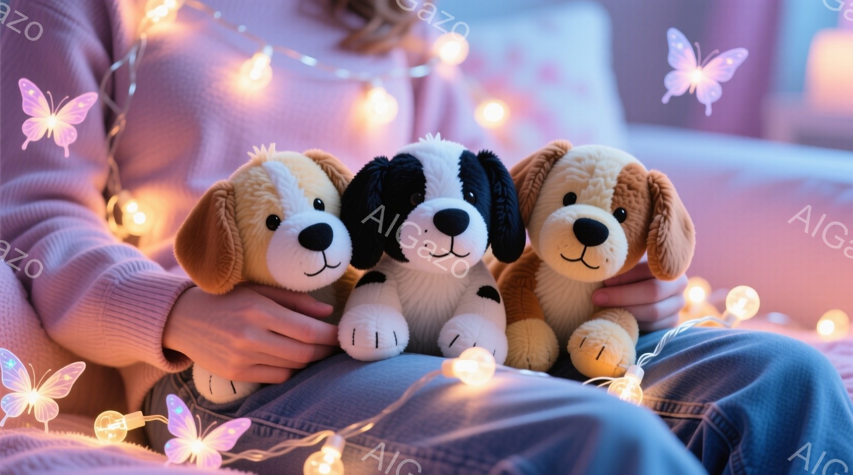 膝の上に3匹のふわふわした犬のぬいぐるみがあります。背景には、ピンク色の柔らかいニット生地と、きらめく電球のガーランドが見え、暖かく心地よい雰囲気が漂っています。ぬいぐるみの色とりどりの毛並みと、電球の優しい光が、可愛らしさと安らぎを強調しています。