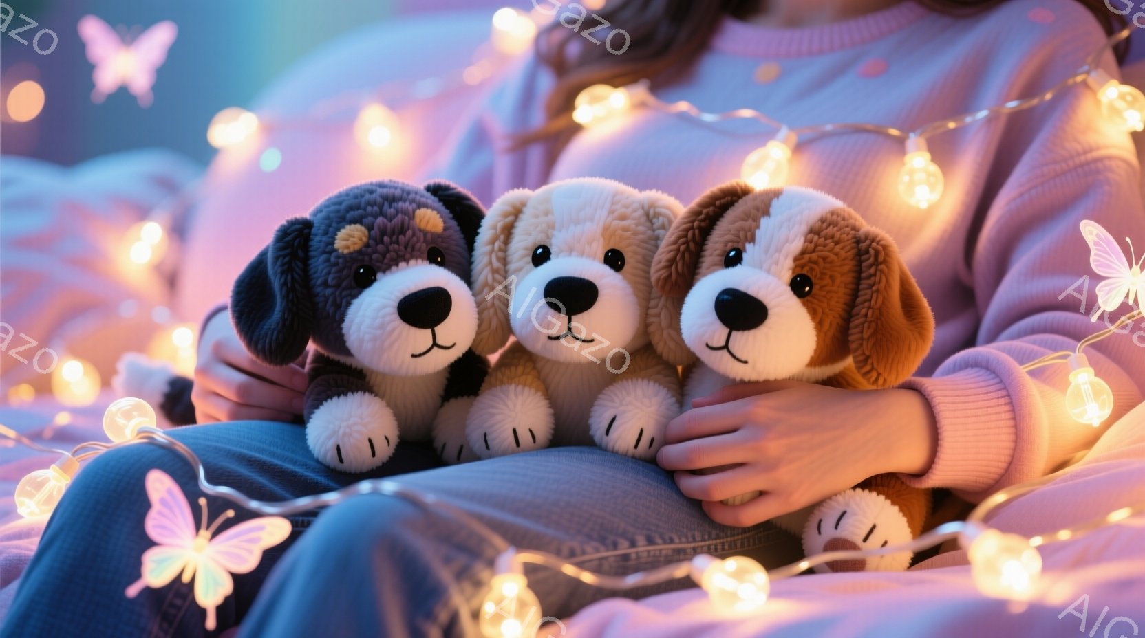 ピンク色のセーターを着た人物が、3匹の小さな犬のぬいぐるみを抱えています。犬のぬいぐるみはそれぞれ黒、茶色、白の毛並みで、同じように正面を向いています。背景にはぼやけた光のイルミネーションがあり、温かく、居心地の良い雰囲気を醸し出しています。