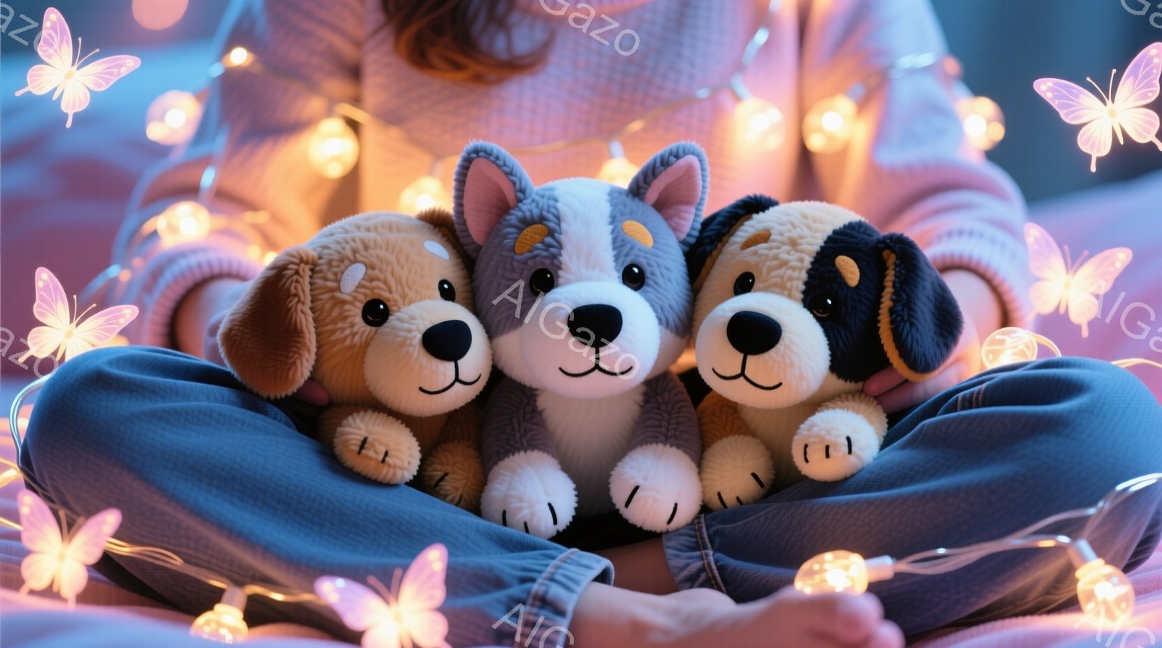 膝の上に三匹のぬいぐるみ犬が並んで座っています。犬たちはそれぞれ茶色、白とグレー、黒と白の毛並みで、愛らしい表情をしています。背景にはぼんやりとした光のカーテンがあり、暖かく穏やかな雰囲気が漂っています。