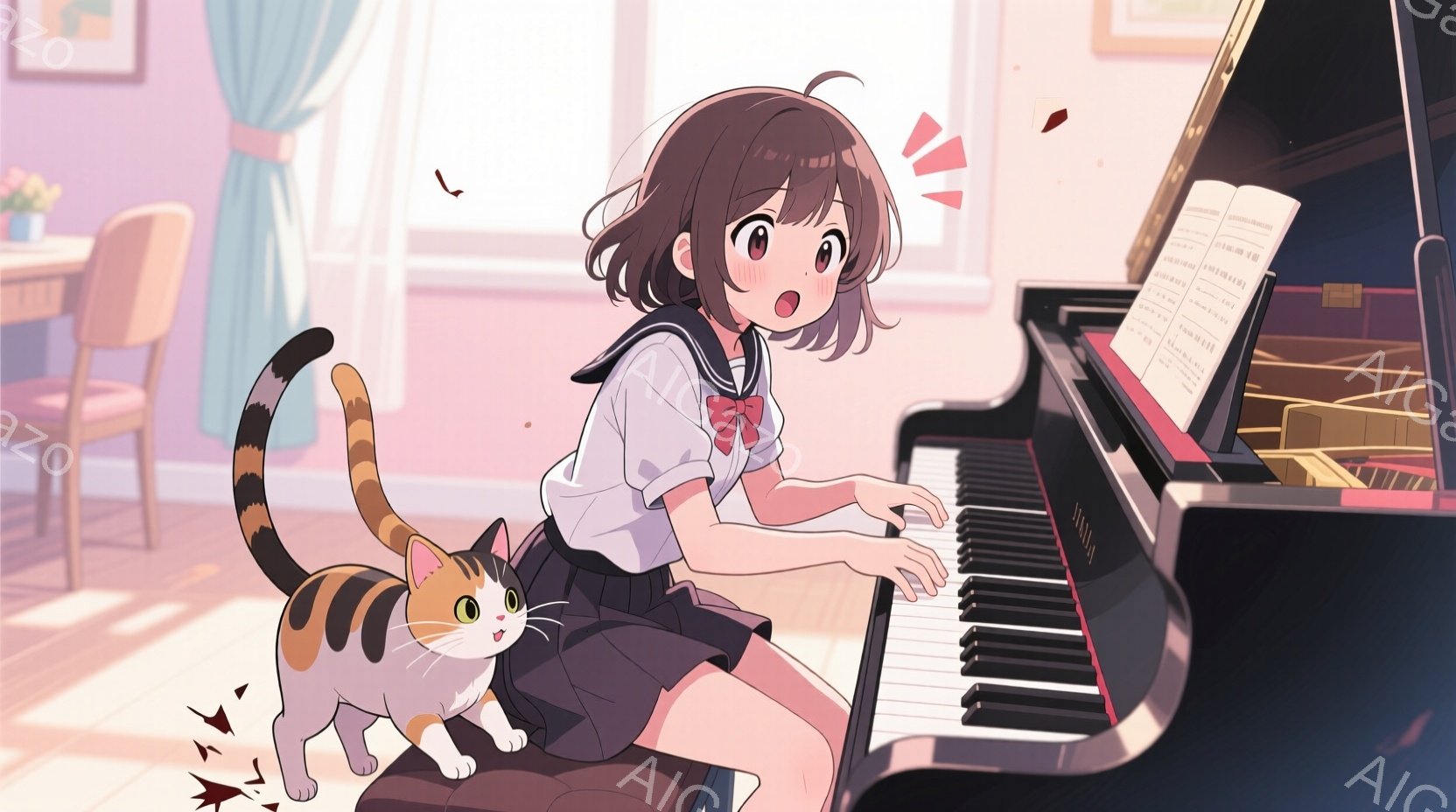 茶色のショートヘアの少女がピアノを弾いており、制服姿で、赤いリボンが可愛らしいです。彼女は膝を曲げて座り、少し驚いた表情で何かを見ているようです。背景は明るいリビングで、窓からは光が差し込み、猫が彼女のそばで遊んでいます。
