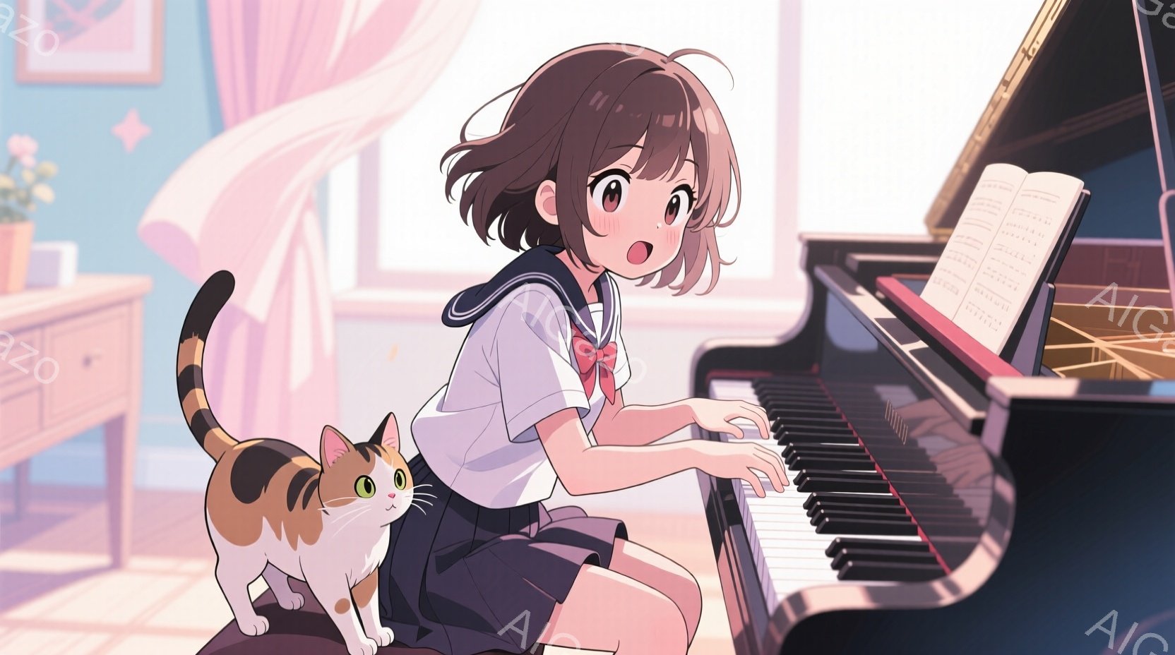 少女はアップライトピアノの前で演奏しており、制服を着て、茶色の巻き毛の髪型で、少し微笑んだ表情をしています。彼女の隣には、オレンジ、白、黒の模様の猫が立っており、尻尾を高く上げています。背景には、カー - AI生成フリー素材