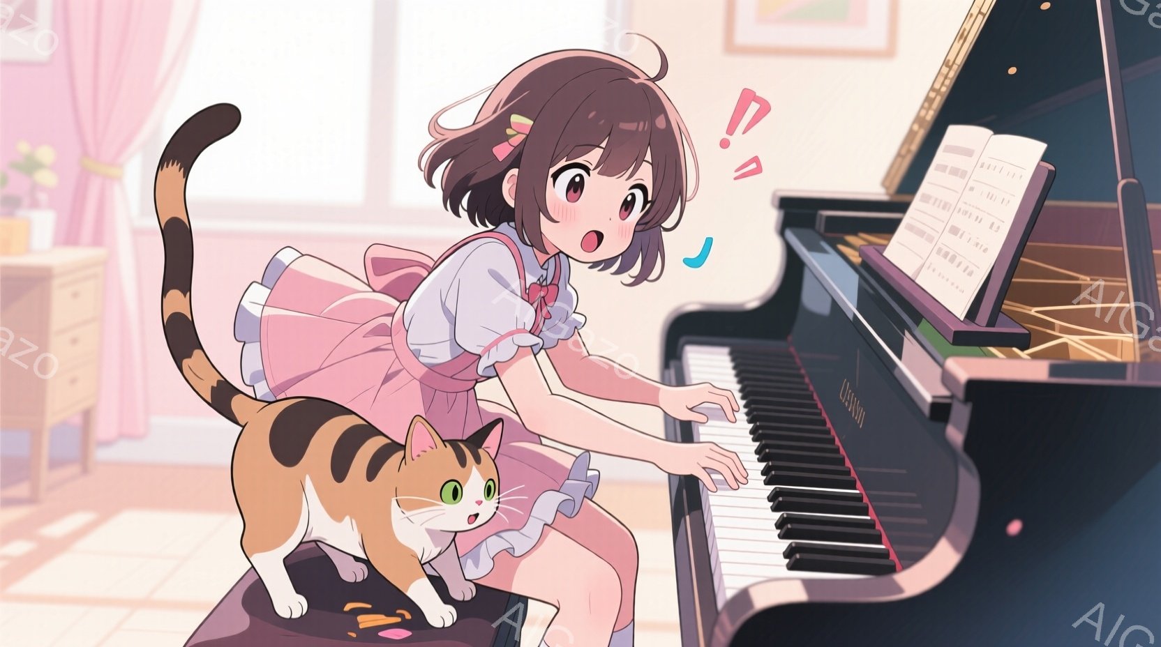 明るい茶色の髪を肩まで伸ばした少女が、ピンクのワンピースと白いエプロン姿でピアノを弾いています。彼女は驚いた表情で少し目を見開き、片手を鍵盤に、もう片手は空中に上げている様子です。背景には黒いピアノ、楽譜、そして柔らかい光が差し込むリビングルームがあり、オレンジ色の縞模様の猫が足元でくつろいでいます。