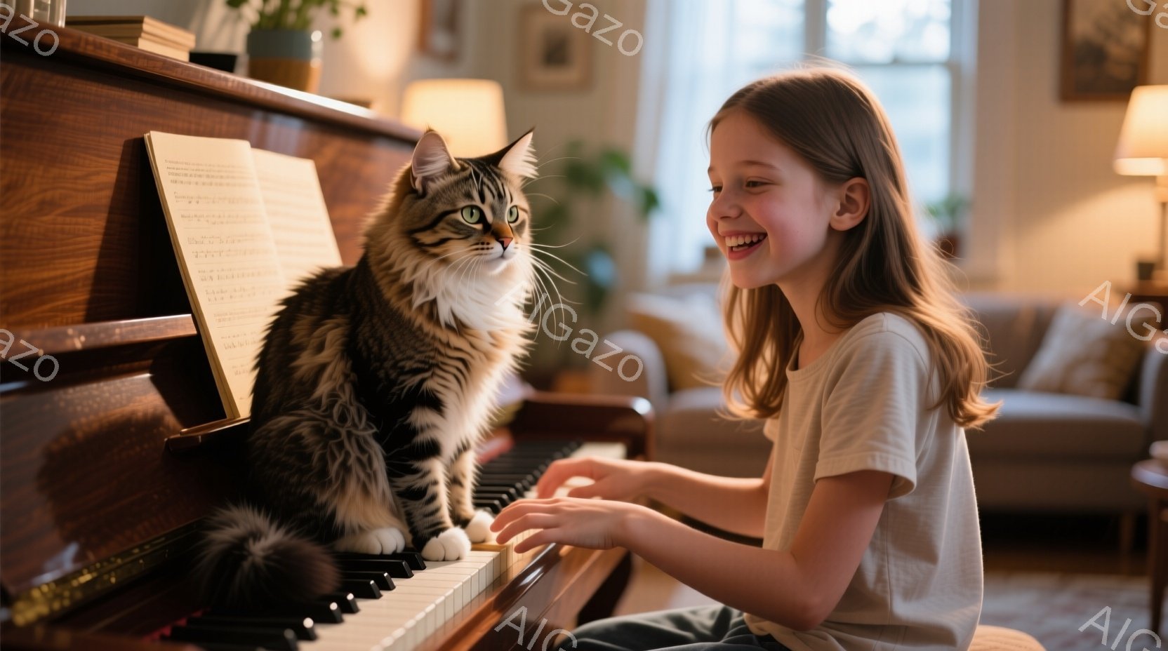 少女はピアノの前に座り、笑顔で何かを弾いているようです。彼女は白いTシャツと濃い色のズボンを身に着け、長い髪は自然に肩にかかっています。背景には茶色のソファーや植物が見え、室内は暖かく穏やかな雰囲気です。