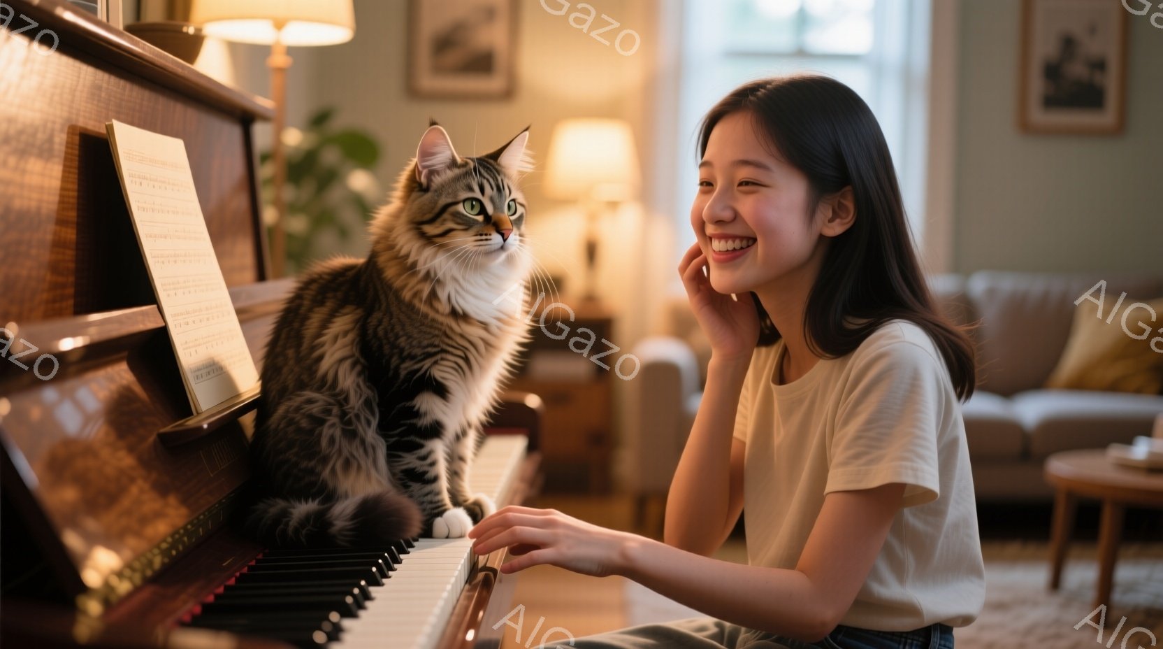 明るいリビングルームで、若い女性がピアノの前で微笑んでいます。白いTシャツを着ており、長い黒髪は肩にかかっています。彼女の視線はピアノに座っている縞模様の猫に向けられており、猫はまるで演奏しているかのように鍵盤に手を置いています。