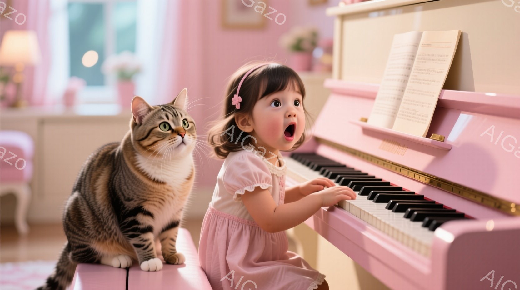 幼い女の子がピンク色のピアノを弾いています。ピンク色のフリルのついたワンピースを着ており、髪にはピンクのリボンをつけています。驚いたような、または歌っているような表情をしており、隣のピアノの椅子には縞 - AI生成フリー素材