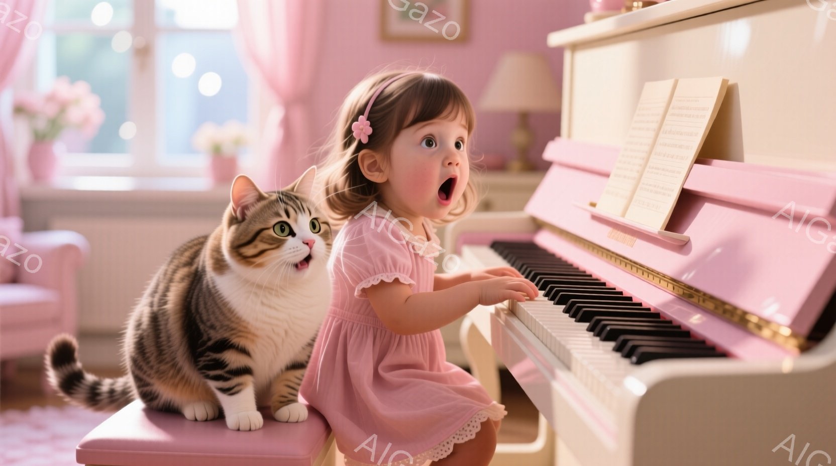 小さな女の子がピンクのドレスを着て、ピアノを弾いています。彼女は驚いた表情をしており、片方の足が少し宙に浮いています。背景には、クリーム色のソファと花が飾られた部屋があり、全体的に明るく温かい雰囲気で - AI生成フリー素材