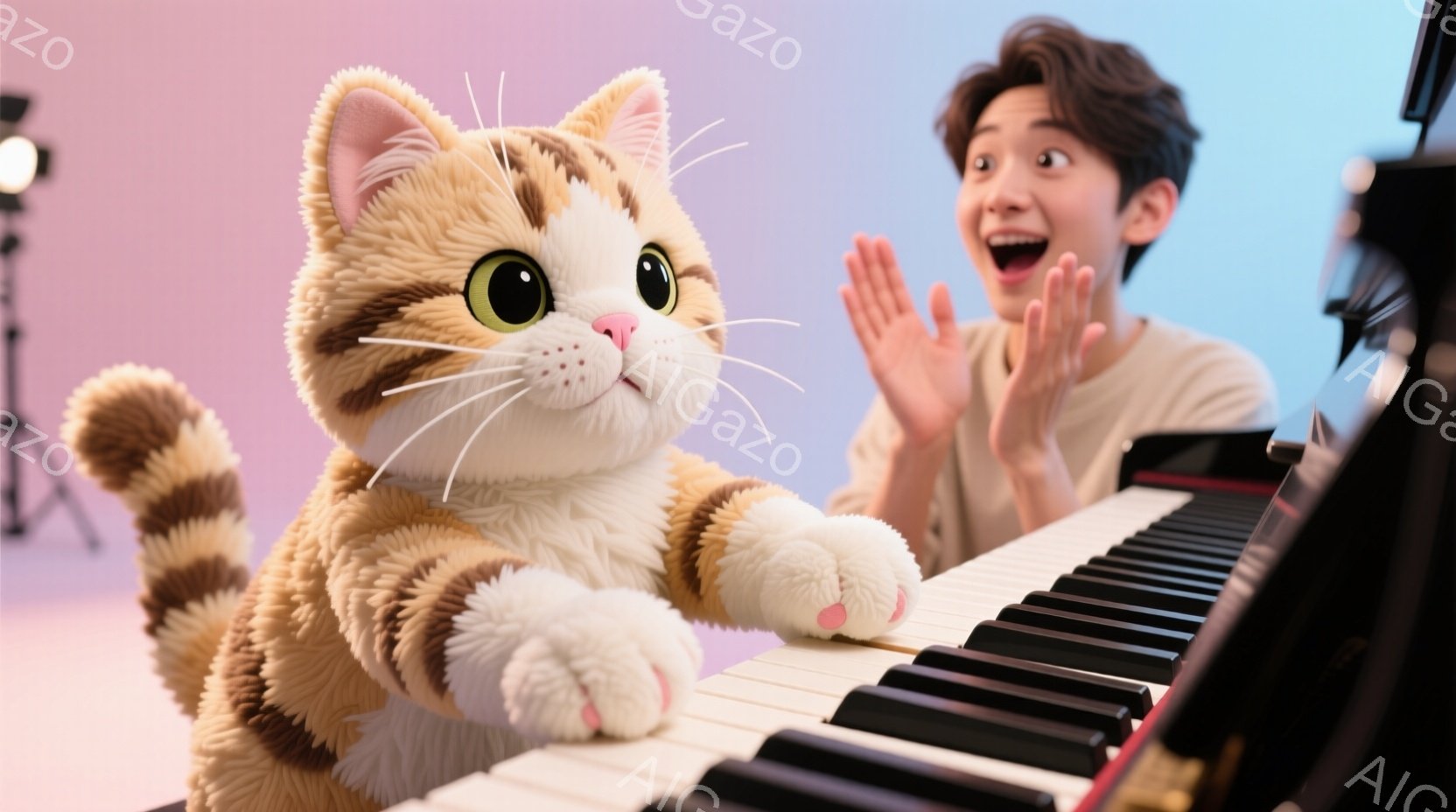 大きな茶色の縞模様の猫がピアノの鍵盤に前足を乗せ、演奏しているように見えます。背景には、拍手をして驚いている若い男性がおり、背景は薄いピンクと青のグラデーションで、スタジオの照明が設置されています。全 - AI生成フリー素材