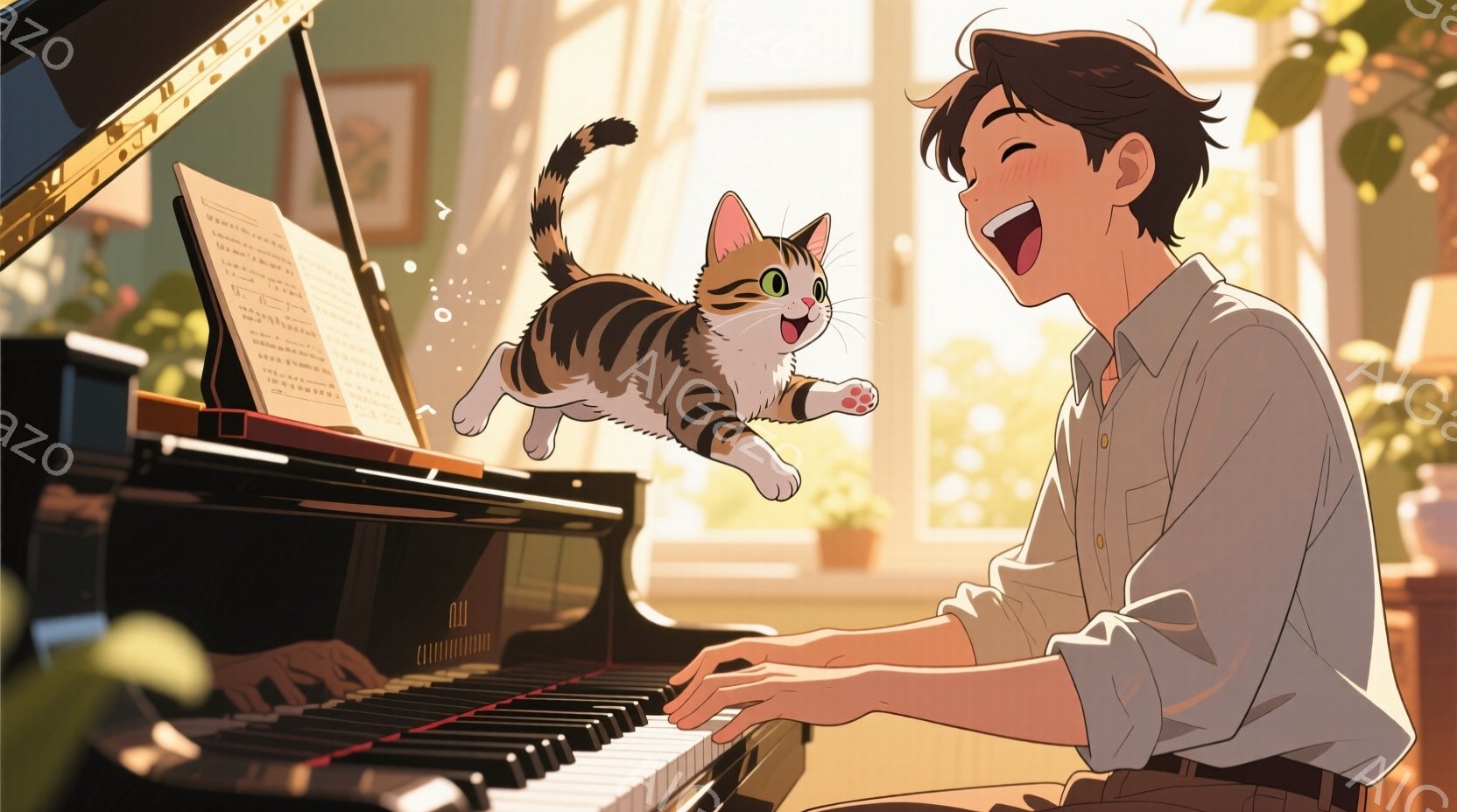若い男性がピアノを弾いており、明るい笑顔を浮かべている。彼はベージュのシャツに茶色のベルトを着用し、短髪で、リラックスした雰囲気である。背景には、植物が生い茂り、壁には絵が飾られ、陽光が差し込み、ピアノの上には楽譜が置かれ、空中で楽しそうに飛ぶ縞模様の猫が描かれている。