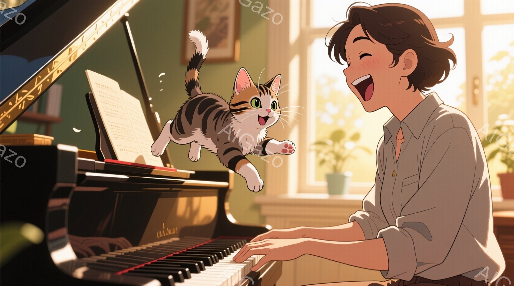 ピアノを弾く女性と、飛び跳ねる猫が描かれています。女性は明るい茶色の髪を肩まで伸ばし、白いシャツを着て、笑顔で演奏を楽しんでいます。背景には窓からの光が差し込み、植物や絵画が置かれた温かく優しい雰囲気の部屋が広がっています。