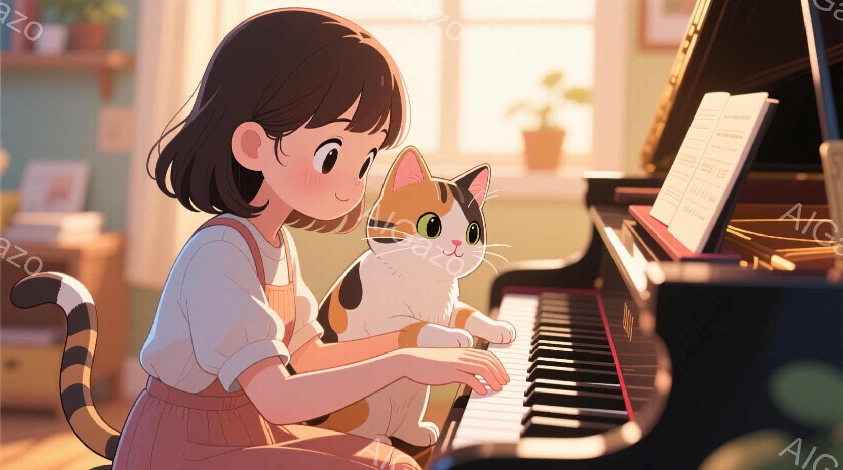 茶髪の少女がピアノを弾いており、隣には三毛猫が寄り添っています。少女はオレンジ色のオーバーオールを着ており、優しい笑顔を浮かべています。背景には観葉植物や本棚があり、温かく穏やかな家庭的な雰囲気が漂っ - AI生成フリー素材
