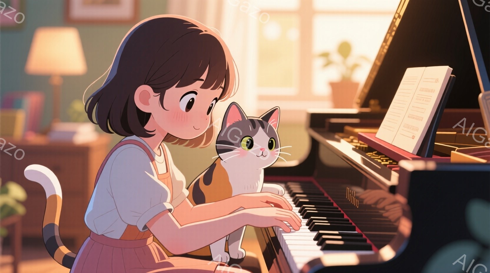 茶色の短い髪の少女がピアノを弾いており、オレンジ色のオーバーオールを着ています。彼女の隣には、白と茶色のまだら模様の猫がいて、ピアノの鍵盤に前足を伸ばしているように見えます。背景には、暖色系の照明が当 - AI生成フリー素材