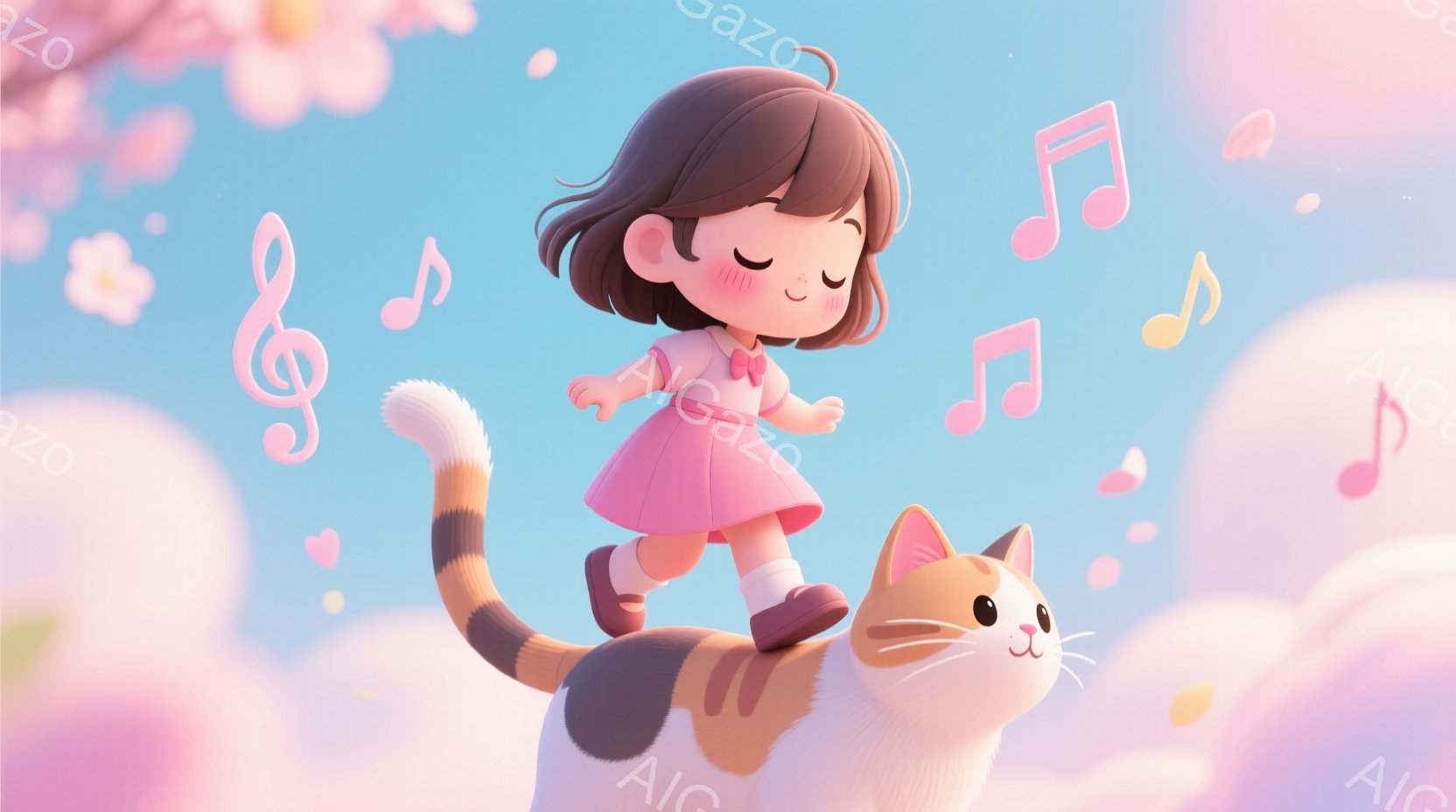 明るいピンク色のワンピースに身を包んだ幼い女の子が、大きな猫の背中で歩いている様子が描かれています。彼女は目を閉じ、頬を赤らめ、幸せそうに微笑んでいます。背景は淡いピンクと水色のグラデーションで、桜の - AI生成フリー素材