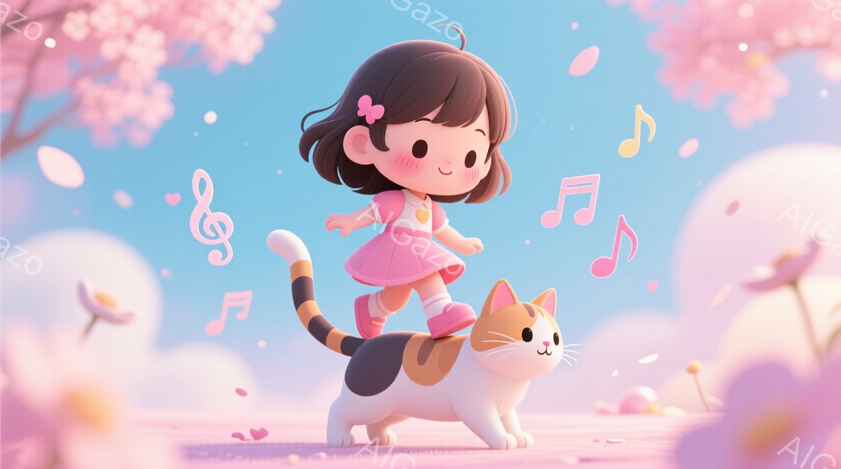 少女はピンク色のワンピースを着て、茶色の髪を短く結んでいます。彼女は大きな猫の背中に乗って、楽しそうに歩いています。背景には桜の花びらが舞い、穏やかで夢幻的な雰囲気が漂っています。
