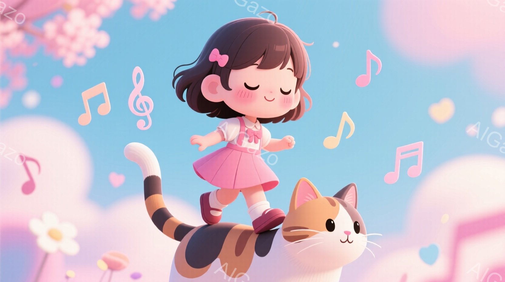 ピンク色のワンピースを着た幼い女の子が、縞模様の猫の背中に乗って楽しそうにしています。彼女は目を閉じて微笑んでおり、髪は短く茶色で、ピンクのリボンで結ばれています。背景は淡い水色で、ピンク色の花びらや - AI生成フリー素材