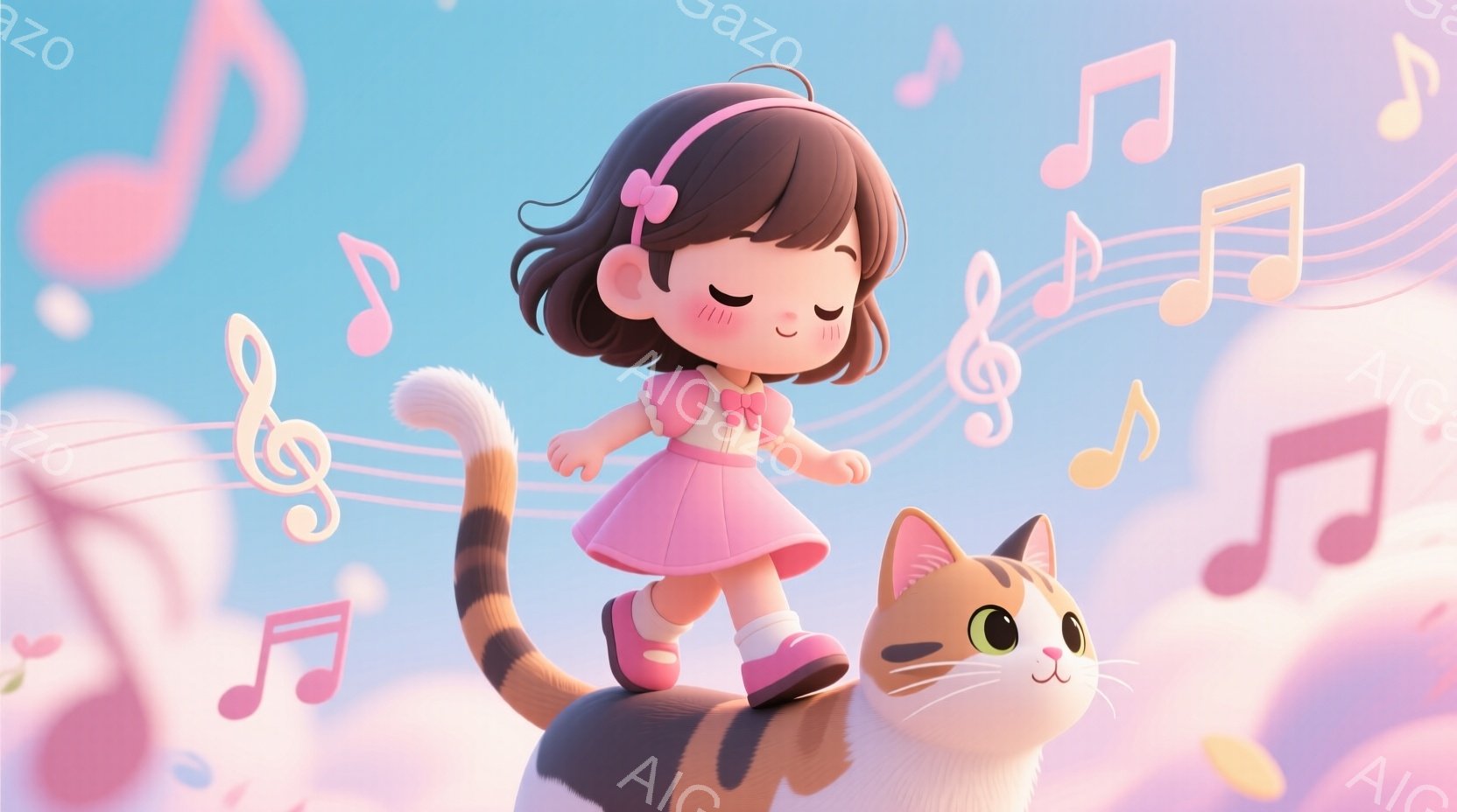 ピンク色のワンピースを着た幼い女の子が、大きな縞模様の猫の背中でバランスを取りながら歩いています。女の子は茶色の短い髪をしており、ピンクのリボンをつけています。背景はパステルカラーの雲と音符で満たされており、夢のような、幻想的な雰囲気を醸し出しています。