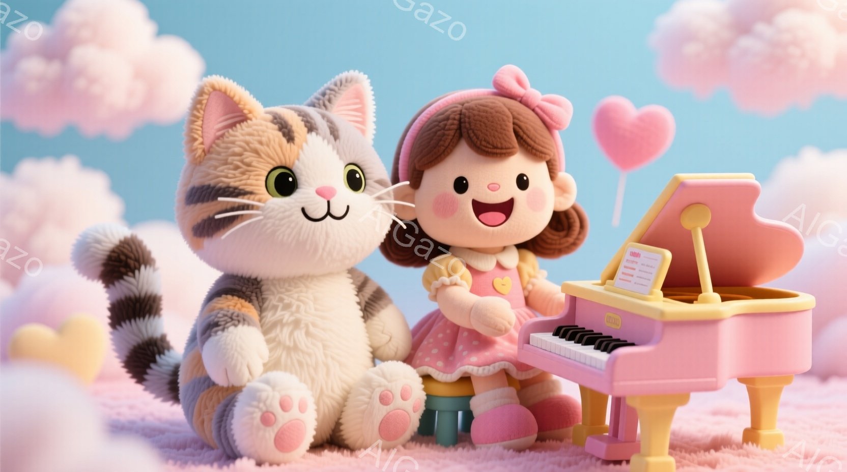 明るいピンク色のピアノの前に、茶色の巻き髪にピンクのリボンをつけた女の子が座っています。彼女はクリーム色のフリル付きのドレスを着て、楽しそうに微笑んでいます。背景にはふわふわのピンク色の雲が浮かび、可愛らしい猫が彼女の隣に座り、温かく優しい雰囲気を醸し出しています。