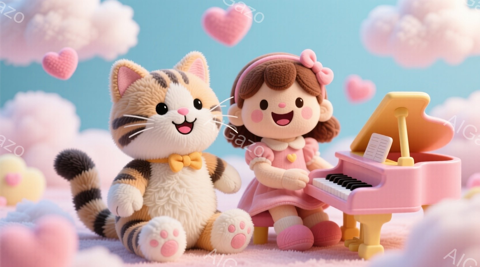 茶色と黒の縞模様の猫が、黄色い蝶ネクタイを付けて微笑んでいます。ピンク色のドレスを着た少女は、ピアノを弾いており、楽しそうな表情をしています。背景にはふわふわの雲とハートが浮かび、全体的に暖かく、夢のような雰囲気です。