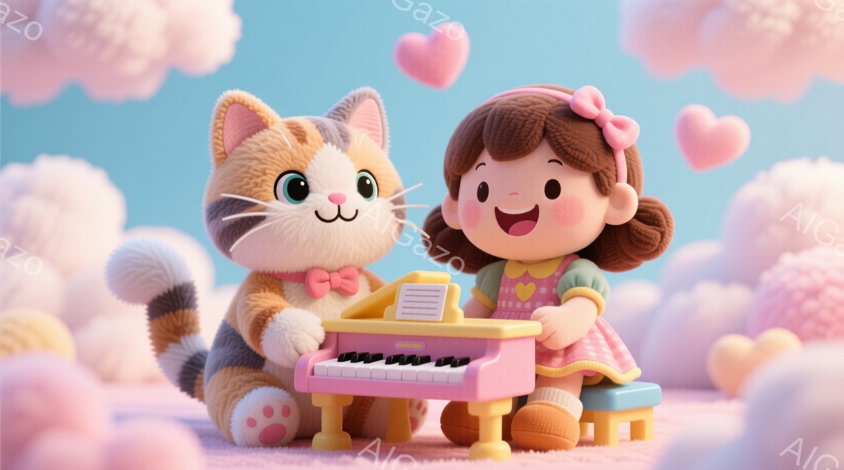 明るい茶色の巻き毛にピンクのリボンをつけた女の子が、ピンクと白のドット柄のワンピースを着ています。彼女は笑顔で小さな黄色い椅子に座り、ピンク色の電子ピアノを弾こうとしています。背景はパステルブルーで、ふわふわのピンク色の雲とハートが浮かび、隣にはオレンジと白の縞模様の猫が立っており、リボンをつけています。