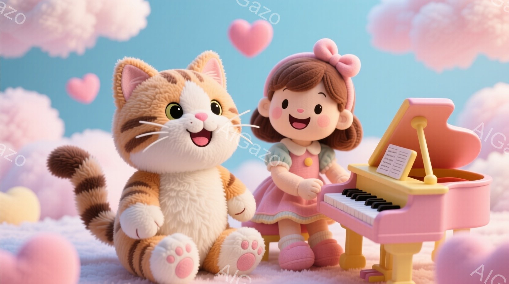 明るいピンク色のピアノの前に座った、茶髪の少女が描かれています。彼女はピンクのスカートと白いブラウスを着ており、笑顔で演奏しているようです。大きな縞模様の猫が少女の隣に座り、同じように嬉しそうに見つめています。背景は淡い青色で、ふわふわの雲とピンク色のハートが浮かんでおり、全体的に温かく、夢のような雰囲気です。