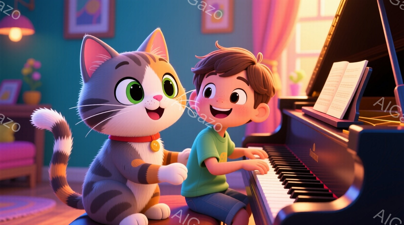 明るい室内で、少年がピアノを弾いており、そばで縞模様の猫が嬉しそうに見守っています。少年は緑色のTシャツを着ており、茶色の髪は少し跳ねています。背景には絵画が飾られた壁と、柔らかな光が差し込む窓が見え - AI生成フリー素材