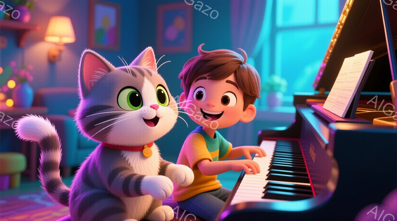 男の子は緑色のシャツを着てピアノを弾いており、明るい笑顔を浮かべています。隣には縞模様の灰色の猫がいて、赤い首輪をつけ、口を開けて楽しそうにしています。背景には、鮮やかな色の家具や装飾が置かれた部屋が - AI生成フリー素材