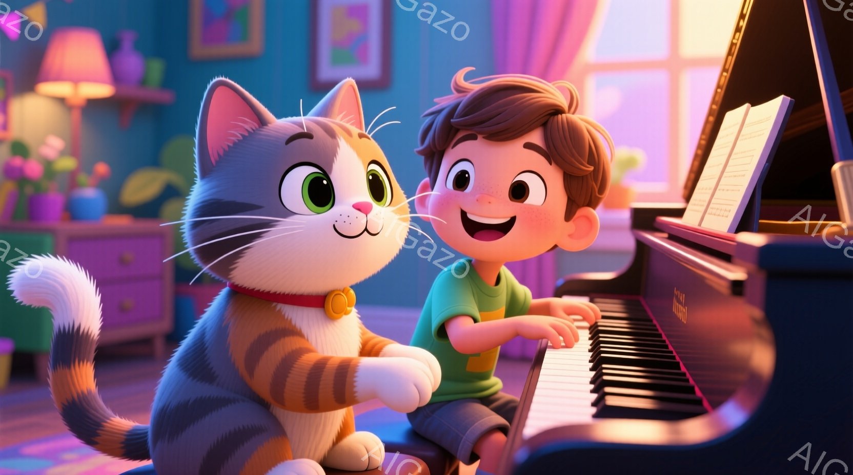 少年は緑のTシャツを着て、ピアノに向かって座っており、満面の笑みを浮かべています。そばには、首に赤い首輪を巻いたオレンジと白の縞模様の猫が寄り添い、同じように嬉しそうな表情をしています。背景には、暖色系の照明が灯った部屋、植物、絵画があり、全体的に暖かく、幸せな雰囲気が漂っています。