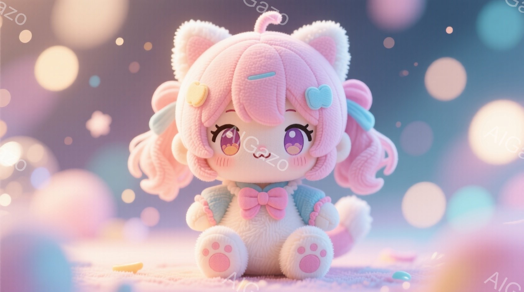 ふわふわしたピンクの髪と、左右に2つずつ結ばれたリボンが特徴的な、愛らしいぬいぐるみです。白いワンピースとピンクのリボン、そして肉球が可愛らしい足元が印象的です。背景はぼやけたパステルカラーの光で満たされており、夢のような優しい雰囲気を醸し出しています。