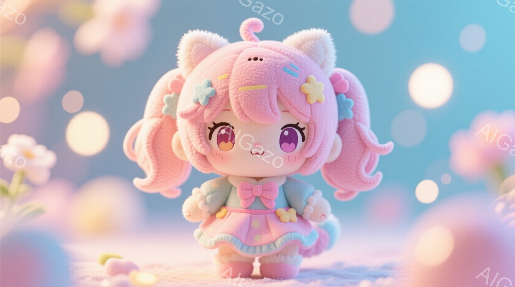 ふわふわとしたピンク色の髪に大きなリボンと花飾りをつけた、愛らしい少女の人形です。水色のフリルがついたピンク色のドレスを着ており、優しい笑顔で正面を見つめています。背景はぼやけたパステルカラーで、キラ - AI生成フリー素材