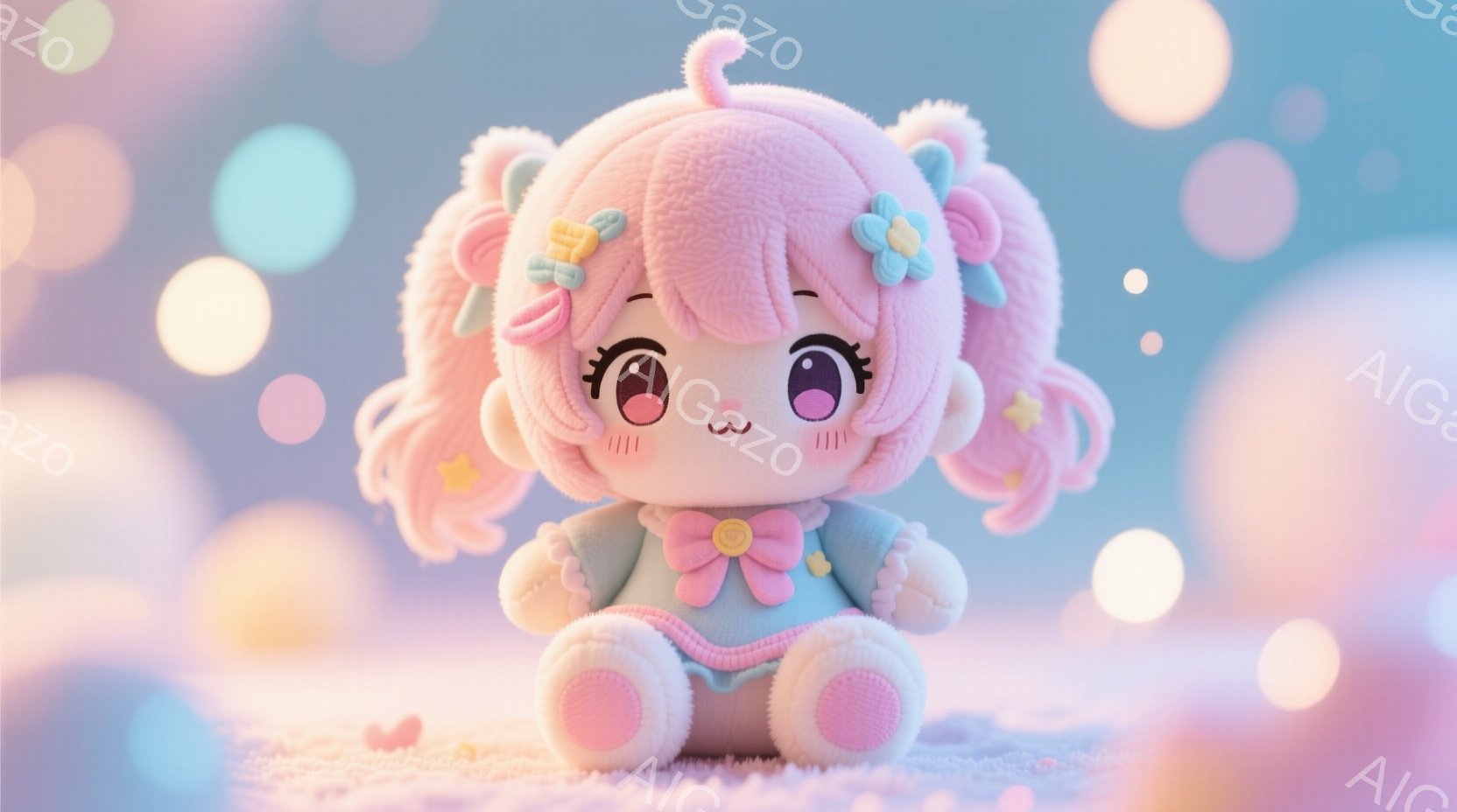 パステルカラーのふわふわしたぬいぐるみのお人形が描かれています。ピンク色のカールした髪はリボンで飾られ、水色のパジャマのような服を着ています。背景はぼやけたパステルカラーの光で、夢のような柔らかい雰囲気を醸し出しています。